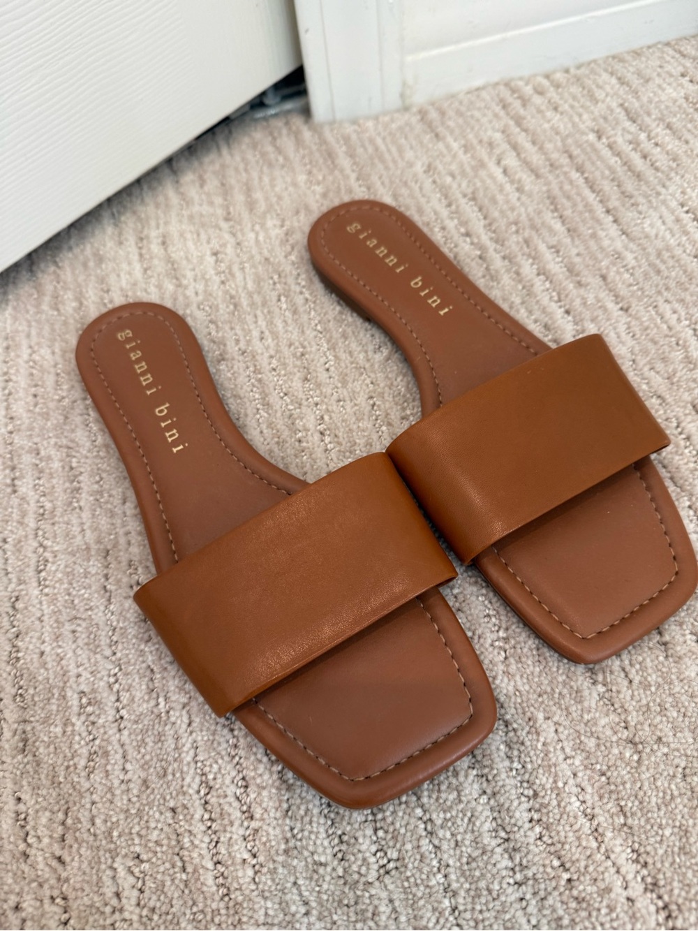 Gianni Bini Cognac Brown Wide Strap Slide Sandals